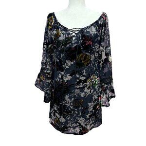 Velvet Burnout Dress Floral Bell Sleeve Sz: M Whimsy Goth Fairy Cottage Bronte